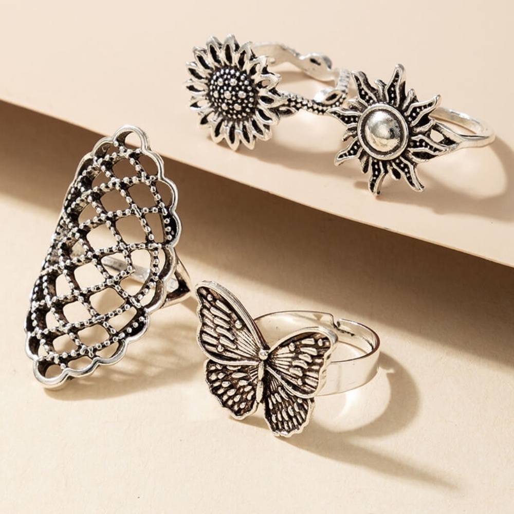 *ENSLEY* 4-Pc Silver x Geometric Fashion Ring Set